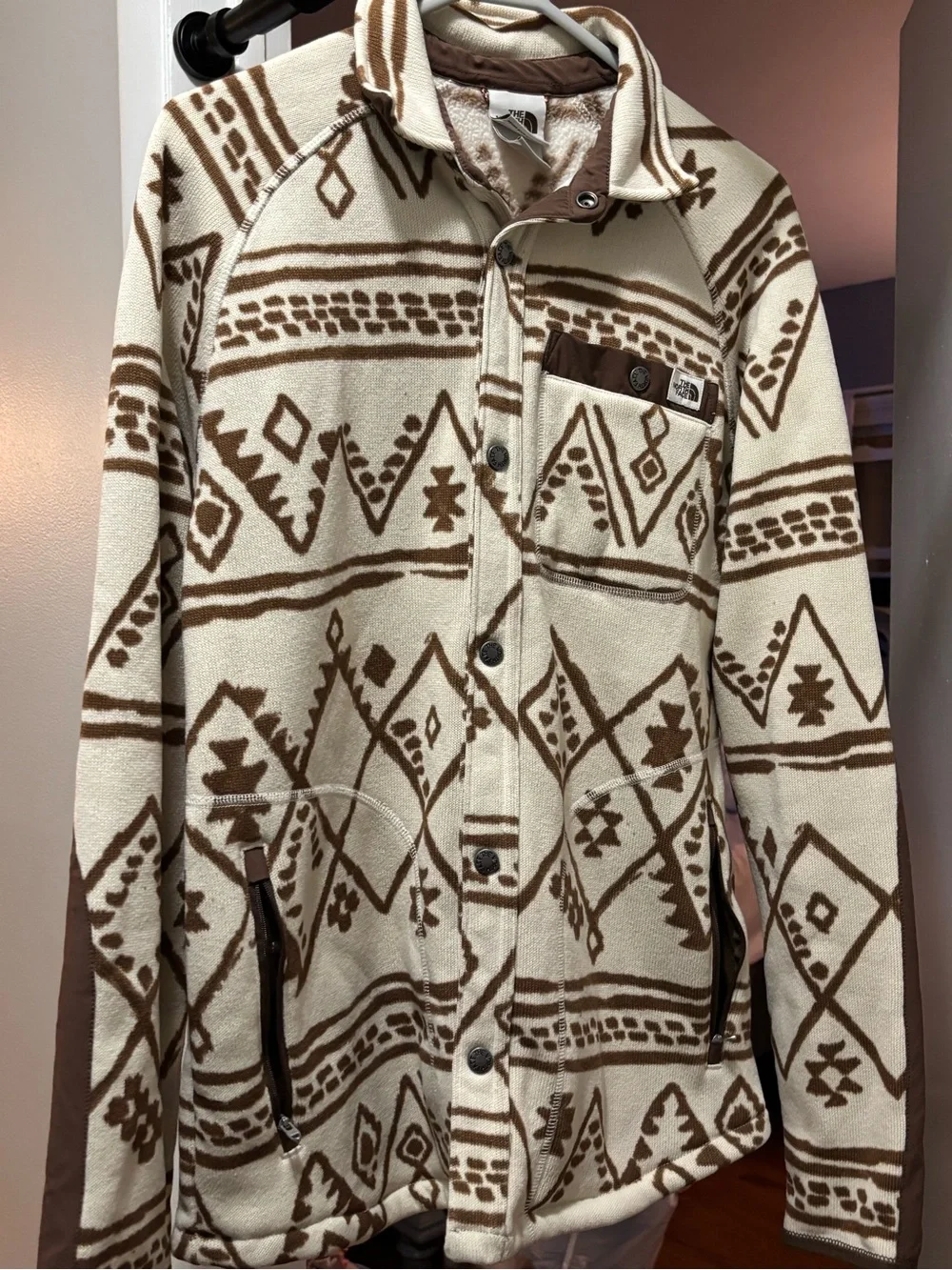The North Face Men’s Cream & Brown Patterned Fleece Shirt Jacket